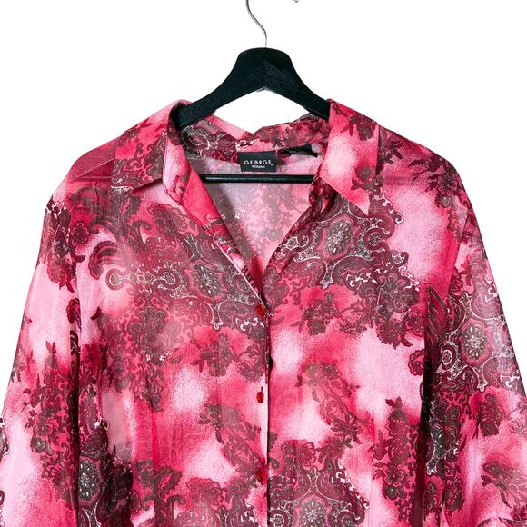 Sheer Top Paisley Red Pink 3/4 Sleeve Button Collar 14 16 W George Retro - Picture 6 of 13